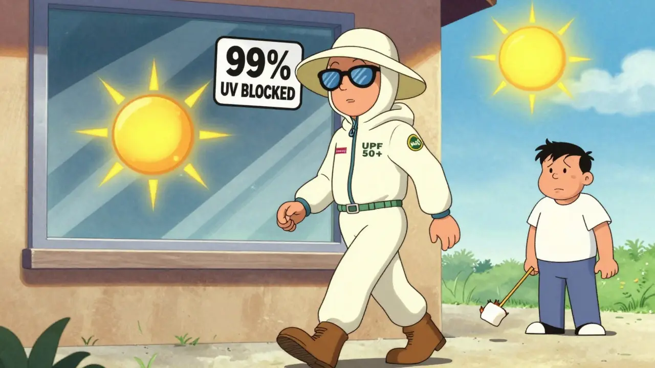 Person in full sun-protective gear walking past a window with UV-blocking film, while another person burns nearby.