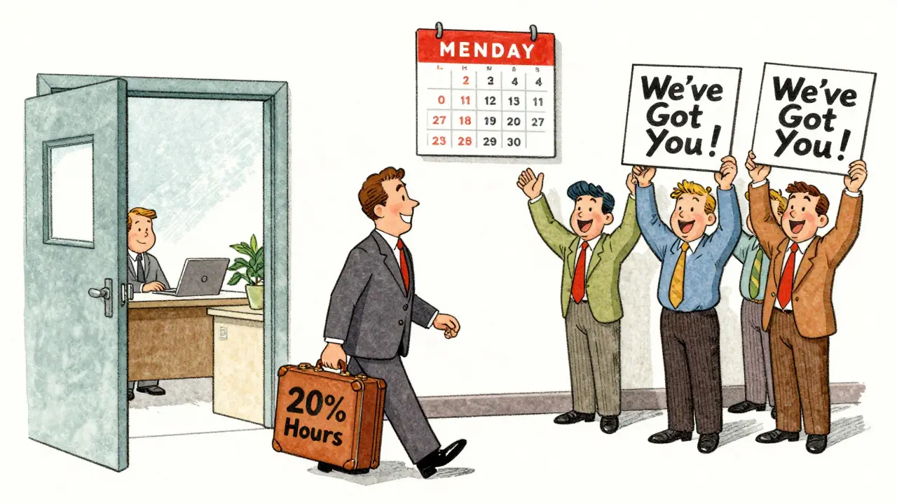 Person returning to work part-time, welcomed by supportive coworkers in retro cartoon style