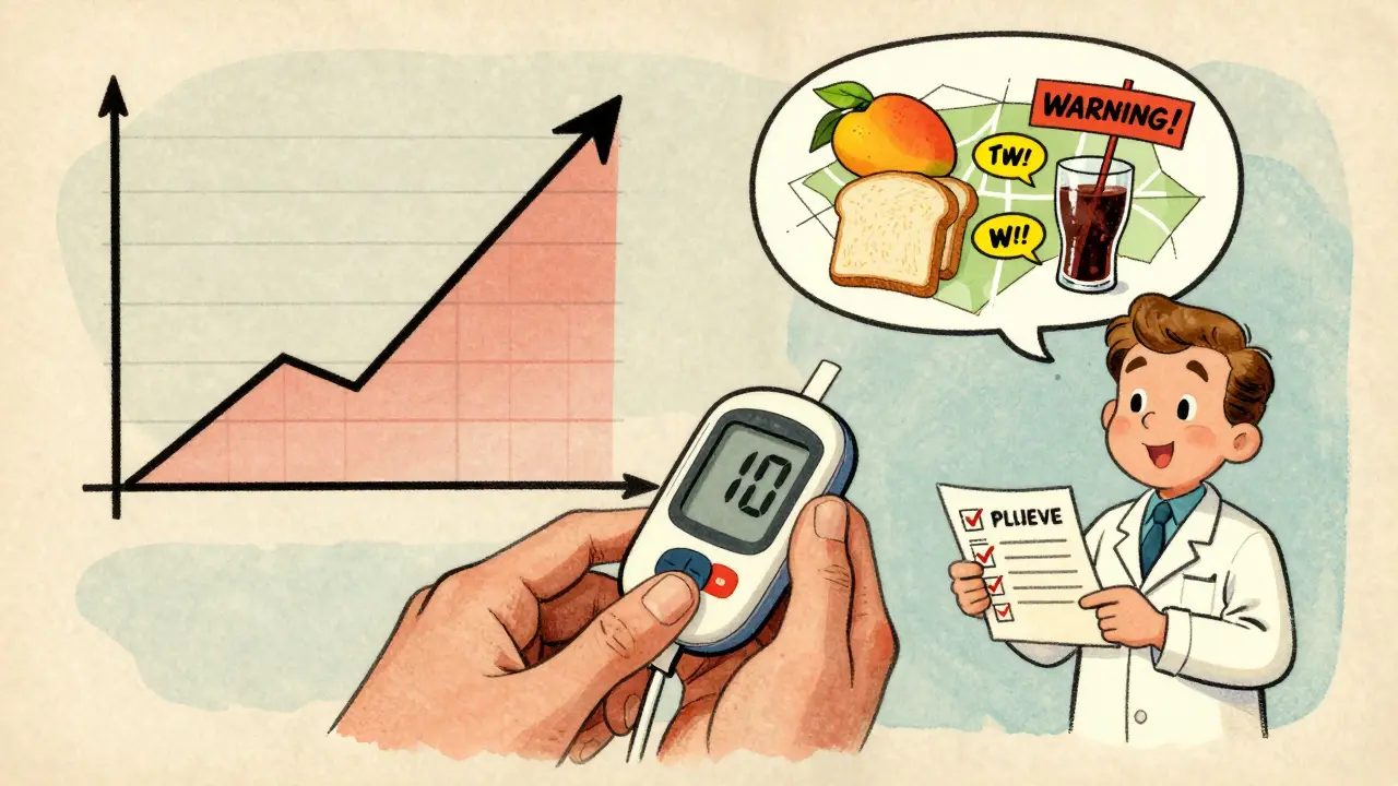 Person with CGM graph showing personal sugar triggers like mangoes and soda