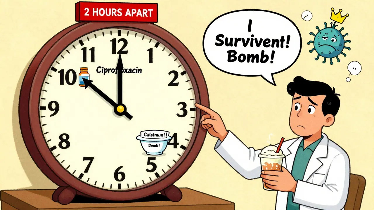 Pharmacist explains timing rules with clock and warning signs for dairy and antibiotics