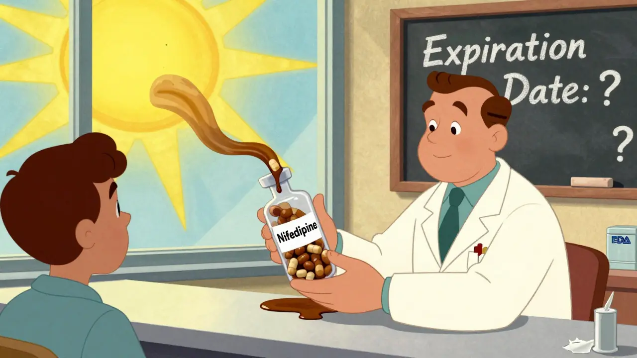 Pharmacist handing a patient a vial of pills that are melting under a bright sunbeam in a retro pharmacy scene.