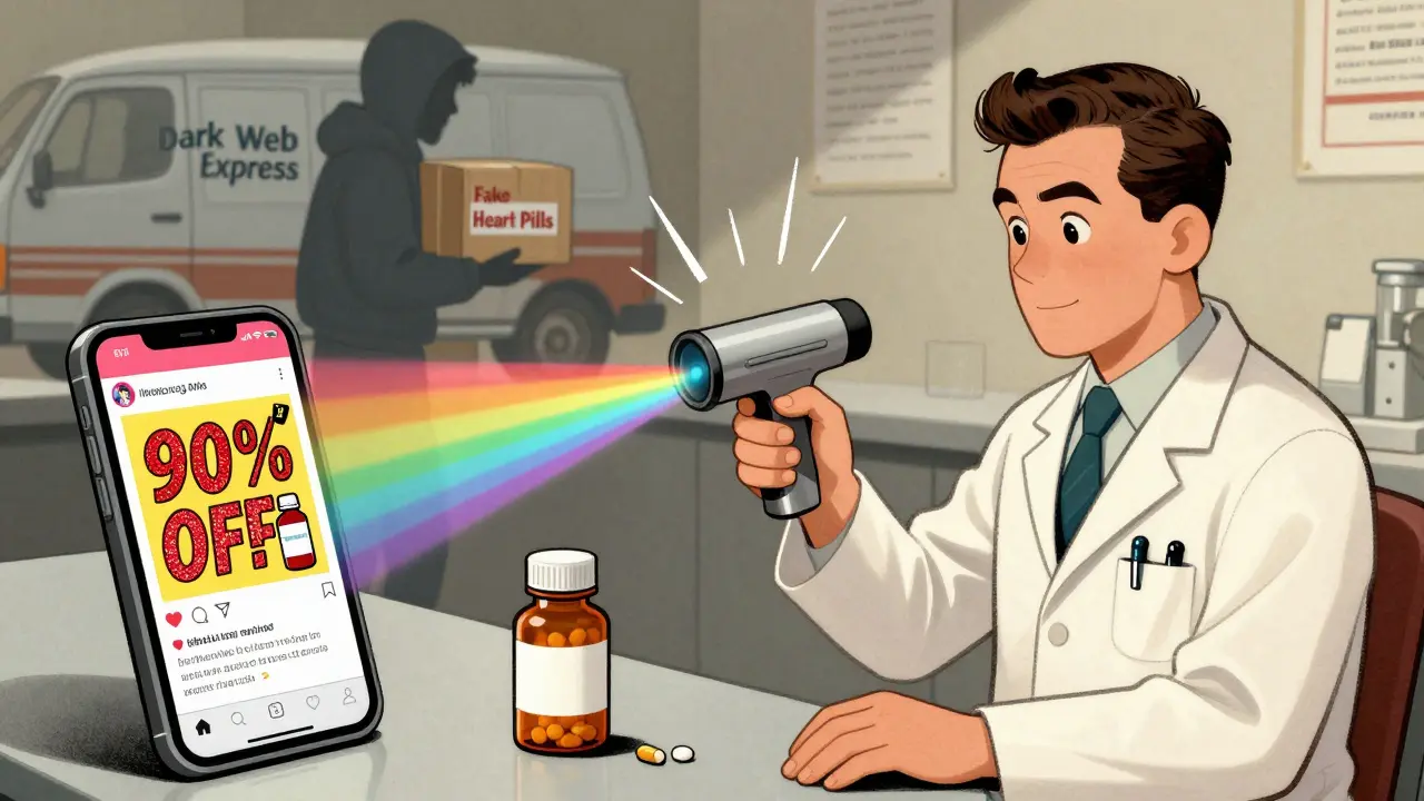Pharmacist scanning a pill with a high-tech device while a fake insulin ad appears on a phone screen.