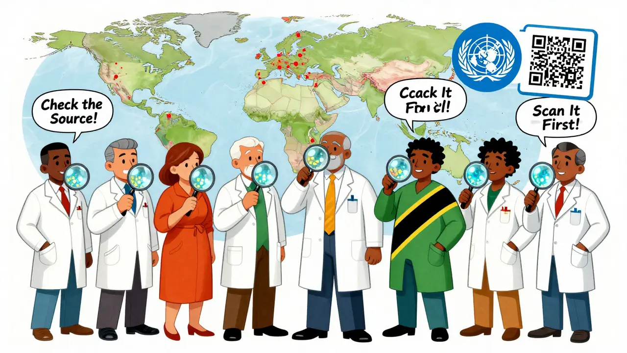 Pharmacists from around the world examining pills with glowing blockchain patterns and a global alert map.