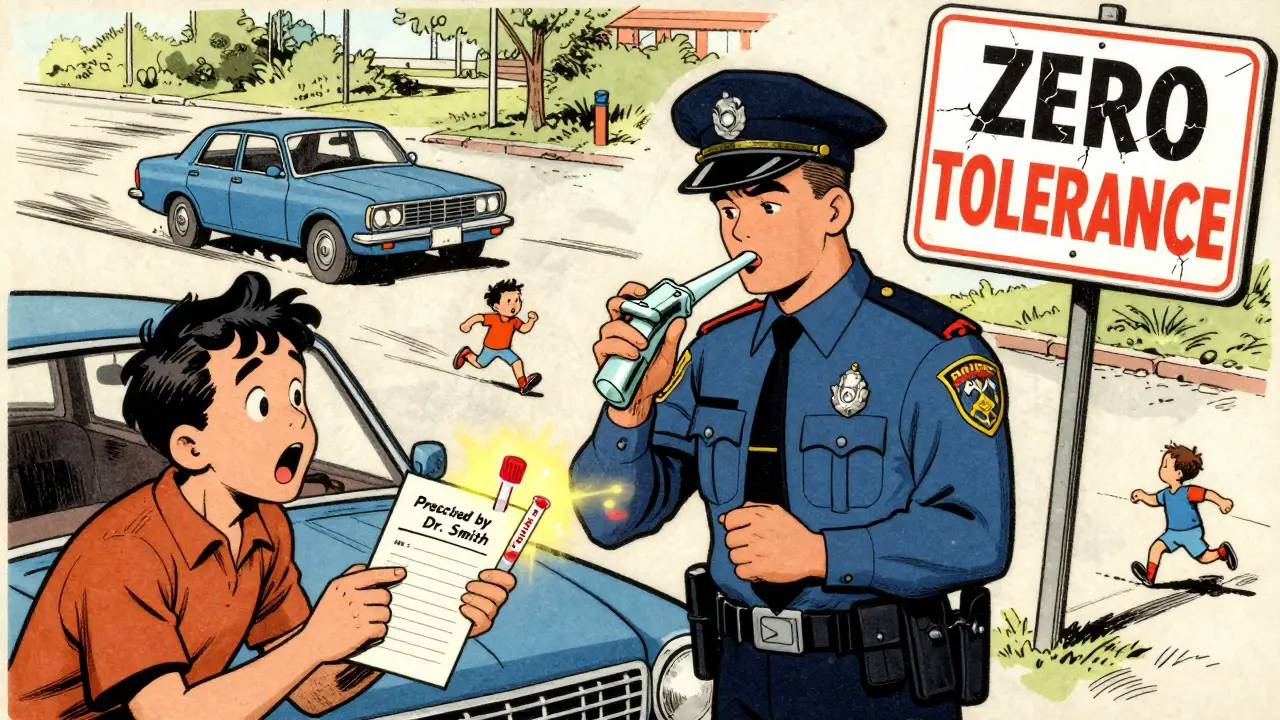 Police officer testing a driver's saliva with a device, while a doctor's note and glowing opioid tube highlight the legal danger.