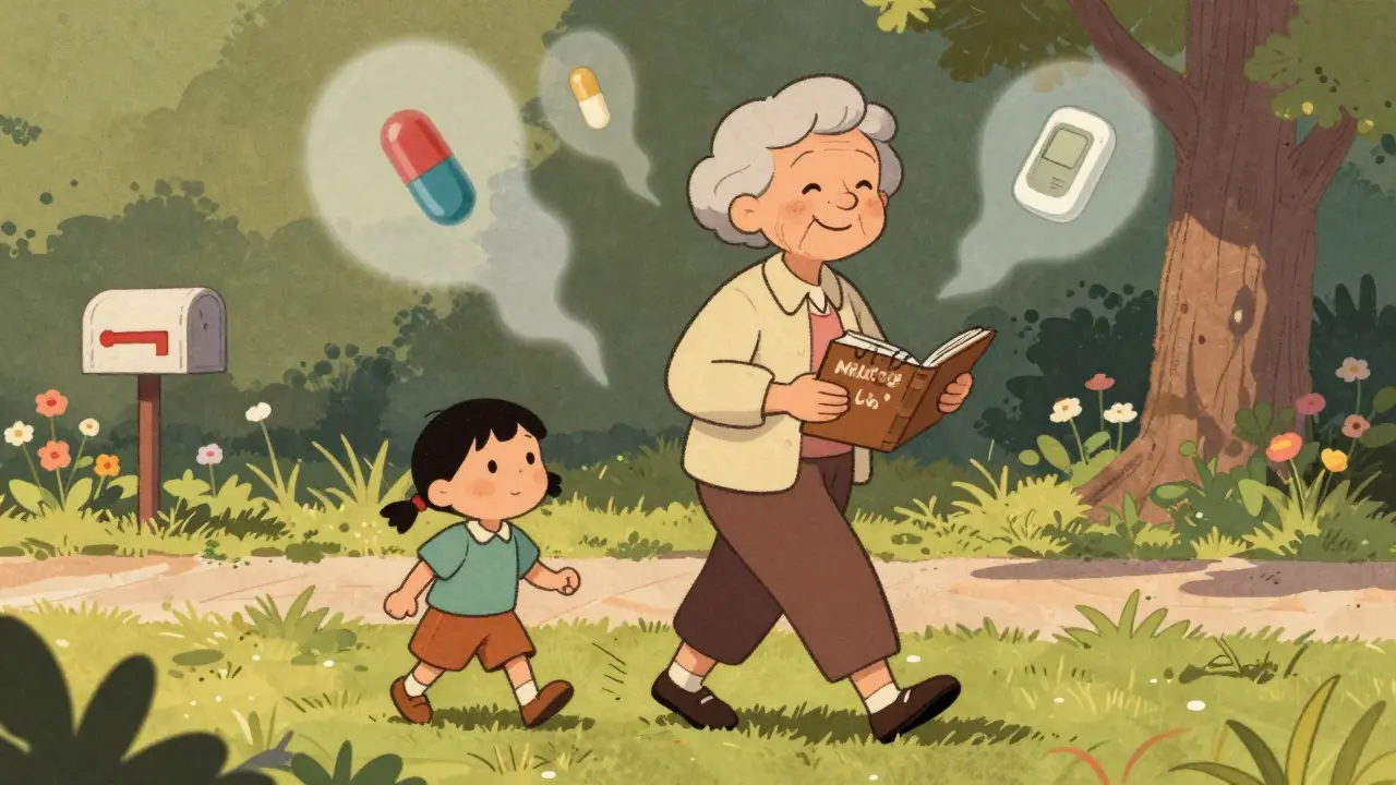 Senior woman walking with grandchildren in park, fading pills behind her as she moves confidently.