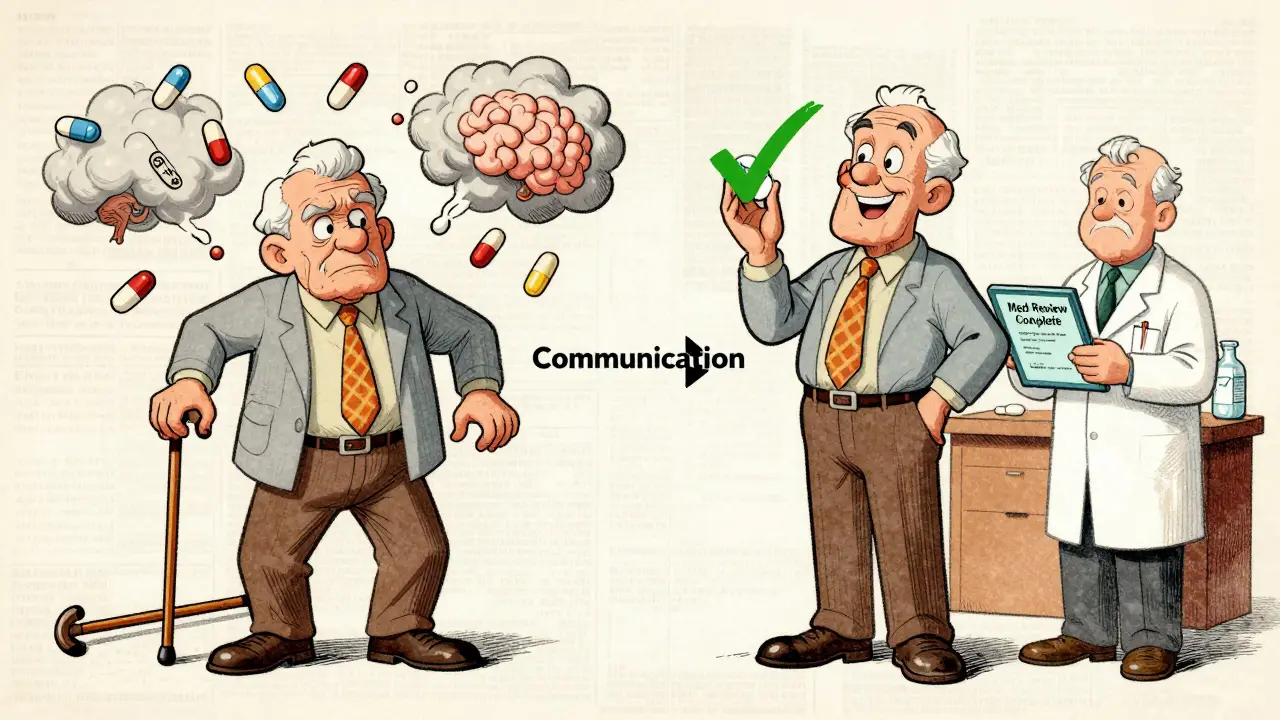 Split cartoon: confused senior with too many pills vs. happy senior with few meds and medical team.