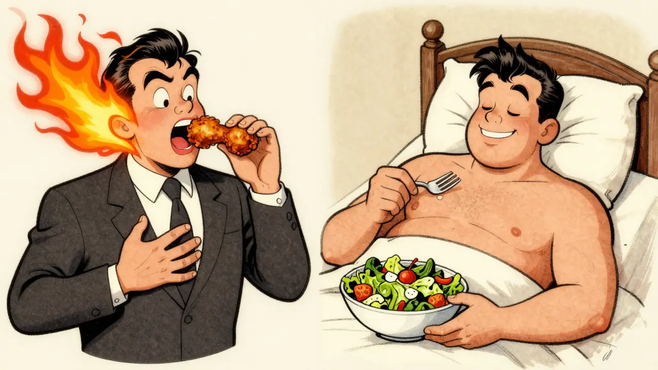 Split cartoon scene: man suffering from heartburn vs. same man healthy after lifestyle changes.