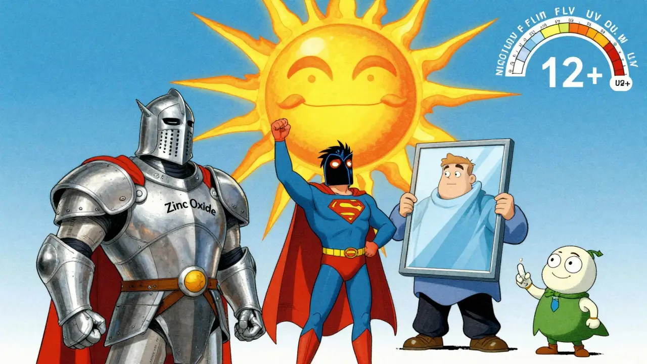 Superhero team of sun protection tools fighting a menacing sun monster with UV rays.