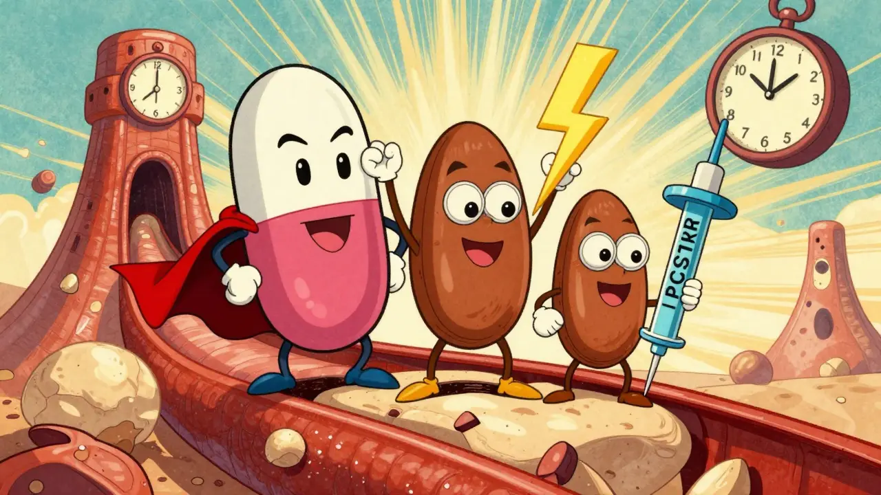 Three cartoon heroes—statin pill, flaxseed, and PCSK9 injector—defeat a plaque fortress in an artery.