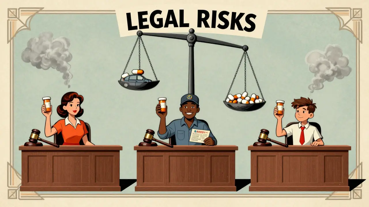 Three people lose their licenses and jobs in courtroom scenes, with opioid pills tipping a scale labeled 'Legal Risks'.
