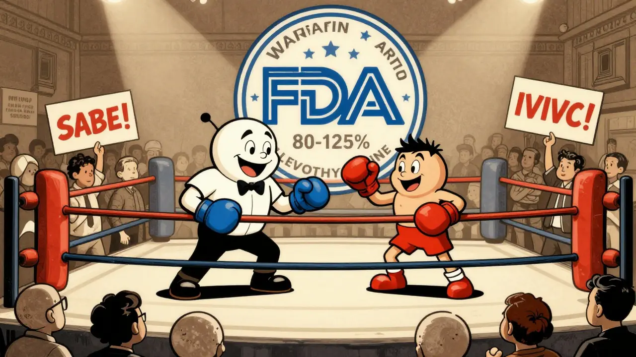 Two drugs boxing under different regulatory rings, supervised by a giant FDA seal in vintage cartoon style.