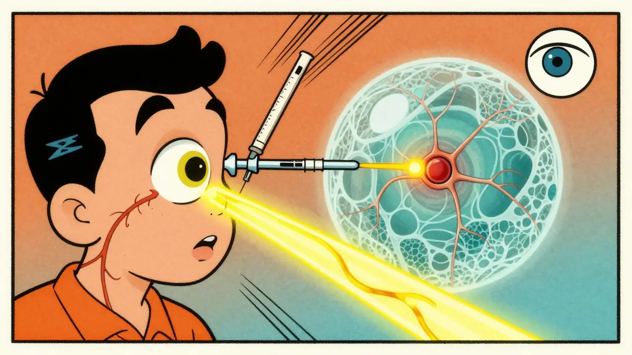 Yellow dye flowing into an eye while OCTA capillaries glow nearby in vintage medical cartoon style.