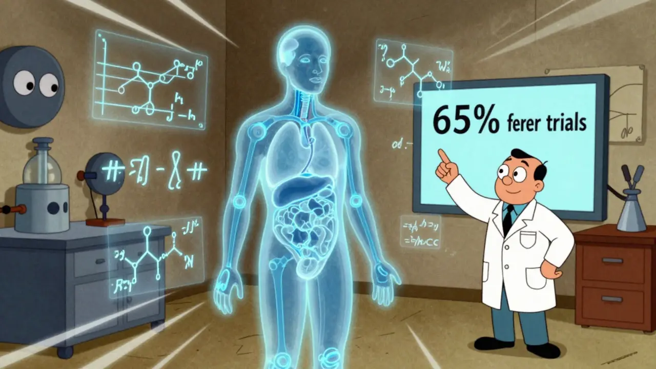 A glowing virtual patient inside a transparent body shows drug behavior with floating equations, as a scientist points to a screen with '65% fewer trials'.