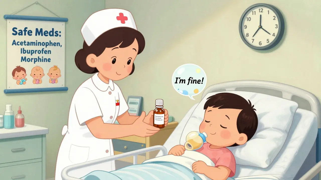 A nurse hands a mom morphine after breastfeeding, with safe pain relief options displayed on a wall poster.