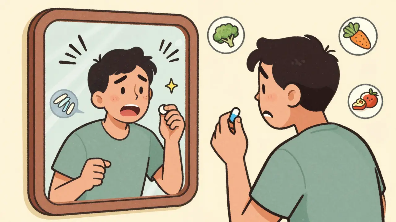 A person looking in a mirror, seeing two versions of themselves—healthy and tired—surrounded by symbols of stress and lifestyle factors.