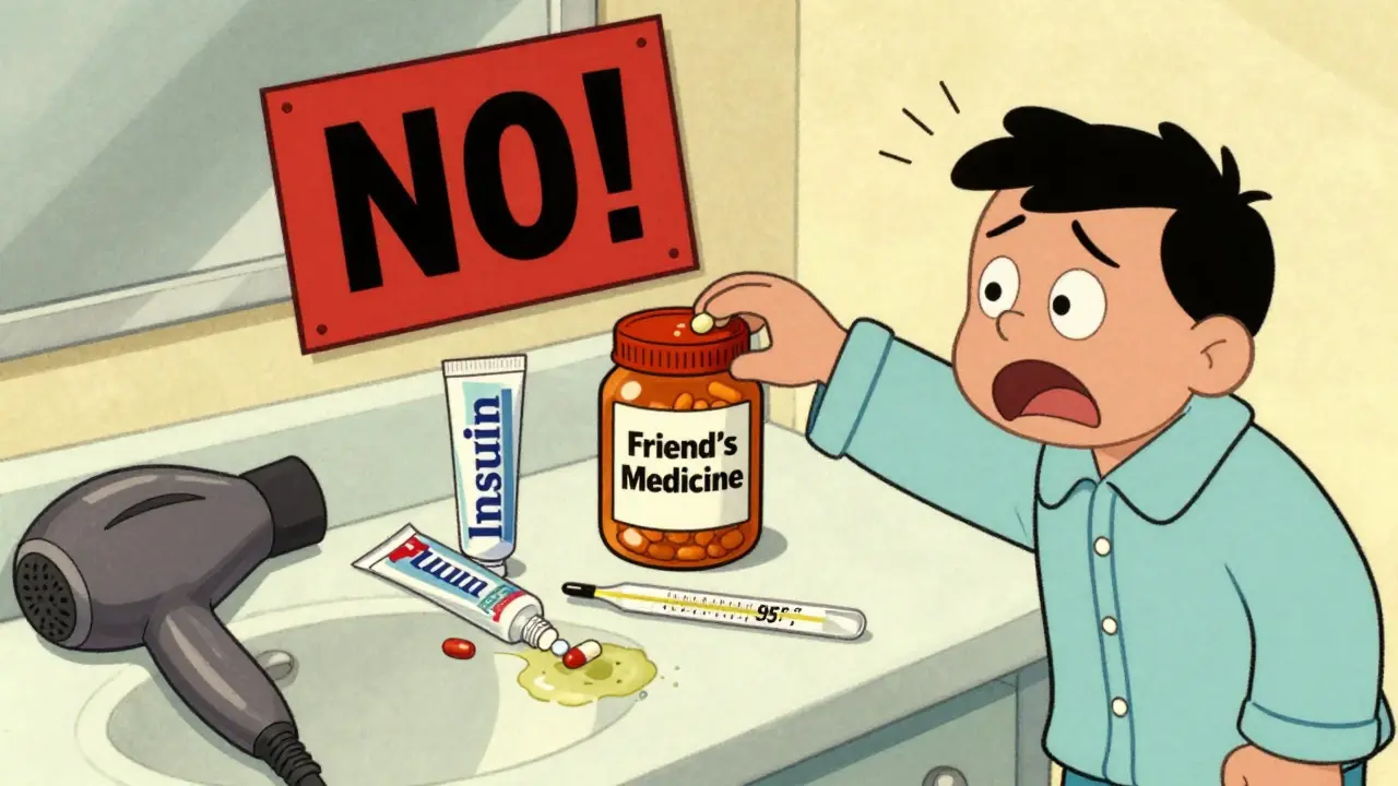 A person reaches for someone else's pills in a humid bathroom, with expired and melted medications scattered around.