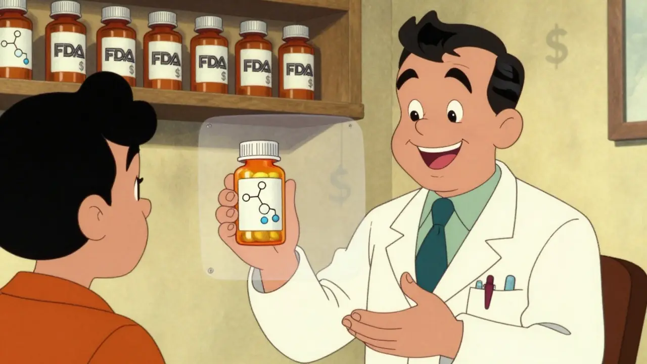 A pharmacist handing a generic pill bottle to a patient, with chemical structures visible inside both pills.