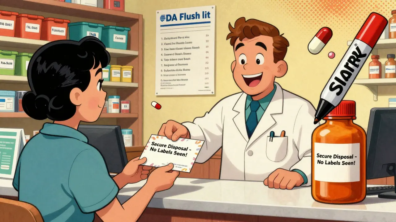 A pharmacist hands a customer a secure mail-back envelope for medication disposal.