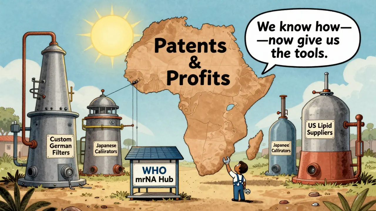 A small African vaccine plant overwhelmed by impossible foreign-made machines and blocked by patent walls.