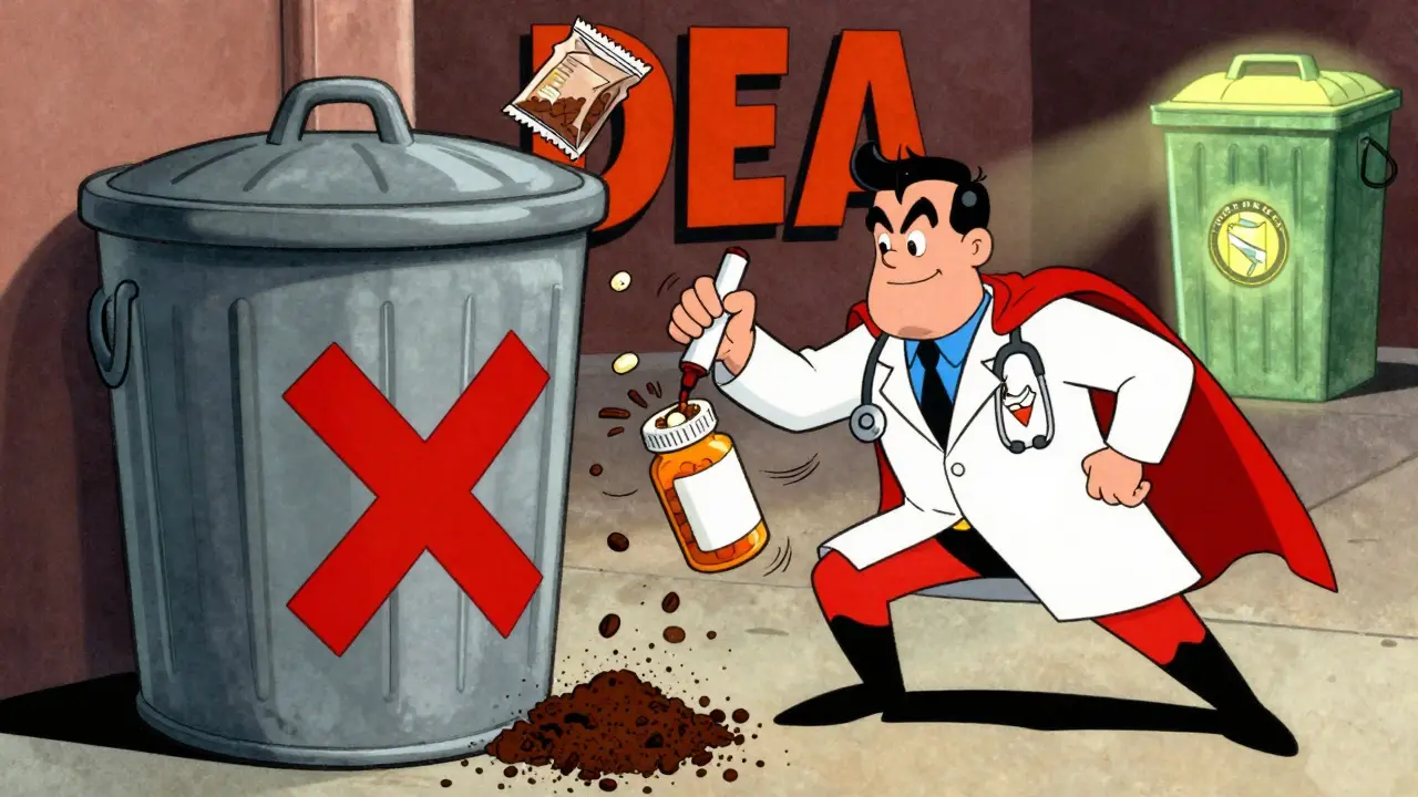 A superhero uses a marker to destroy a pill bottle's label while safe disposal options glow nearby.