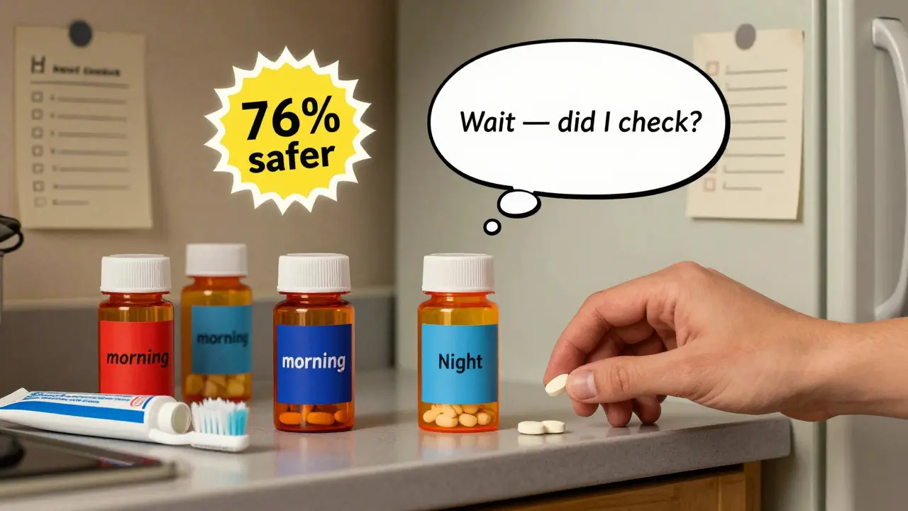 Color-coded pill bottles next to toothbrush and toothpaste, with a hand pausing before taking a pill and a safety badge floating nearby.