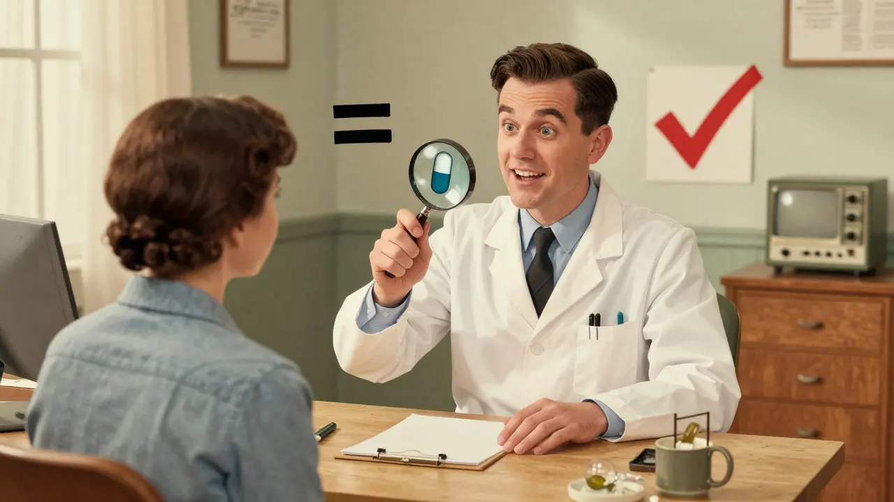 Doctor explains equivalence using magnifying glass over pill symbols