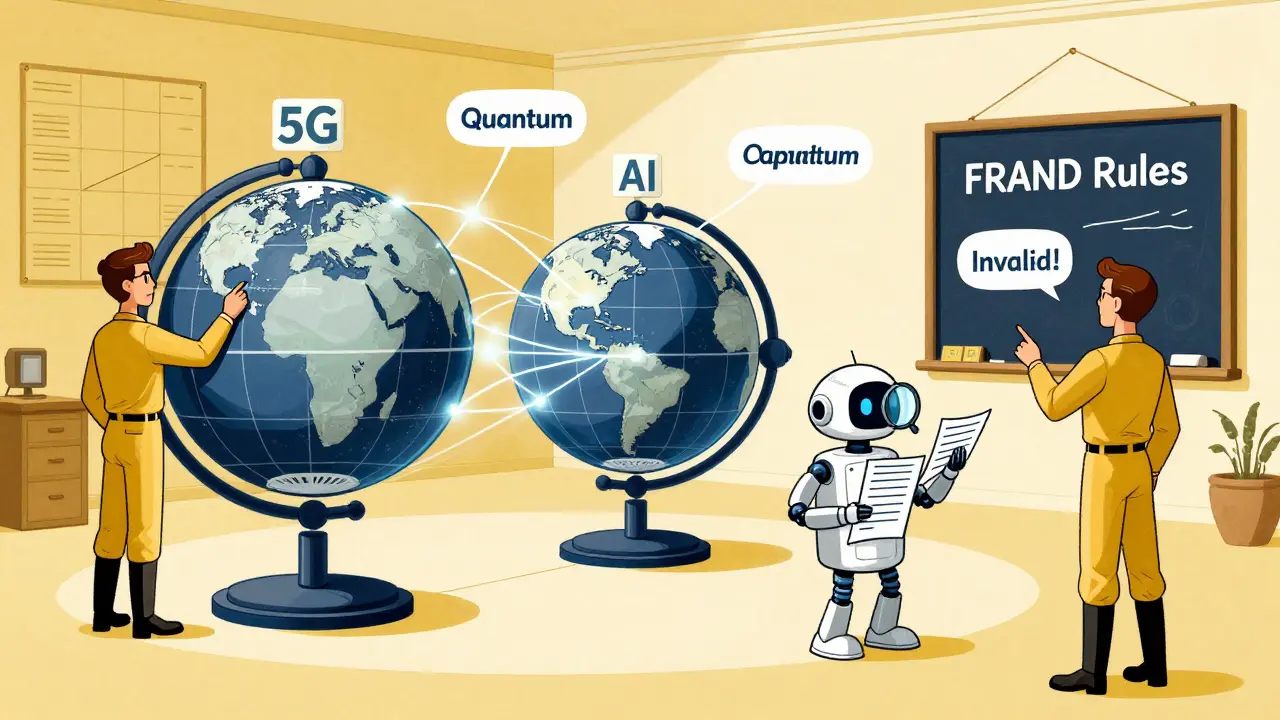 Engineers using globes to map global patents, AI scanning documents, weak patent marked 'Invalid'.