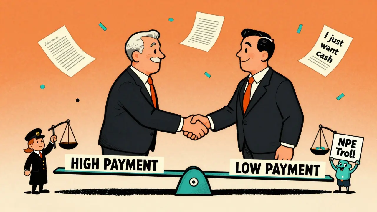 Executives shaking hands over a seesaw labeled 'High-Low Settlement', with a patent troll in the background.