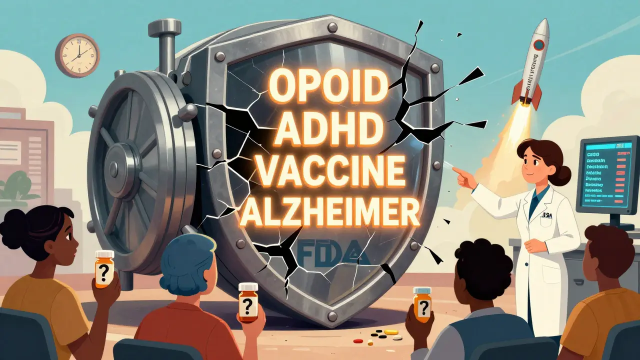 FDA shield releasing drug safety warnings as patients and an inspector watch a real-time health data monitor labeled 'Sentinel Initiative'.