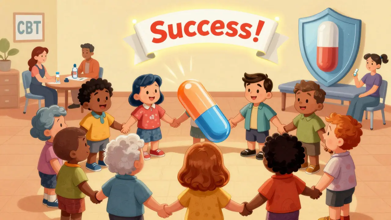 Group of people holding hands as a large opioid pill lowers in dose, surrounded by therapy symbols.