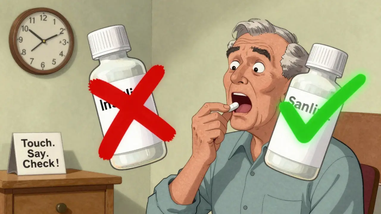Man about to swallow the wrong pill as two similar bottles float beside him — one marked with a red X, the other a green checkmark.