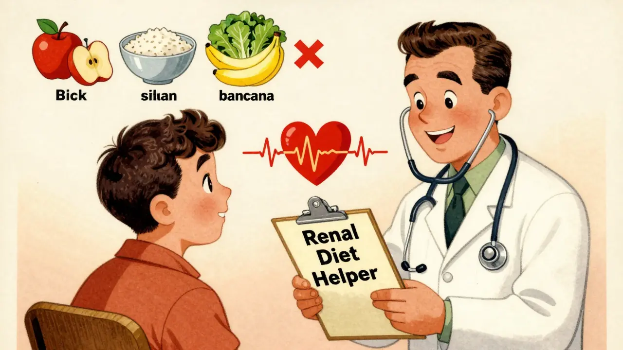 Patient consulting a dietitian with safe and unsafe foods shown as icons, in vintage educational cartoon style.