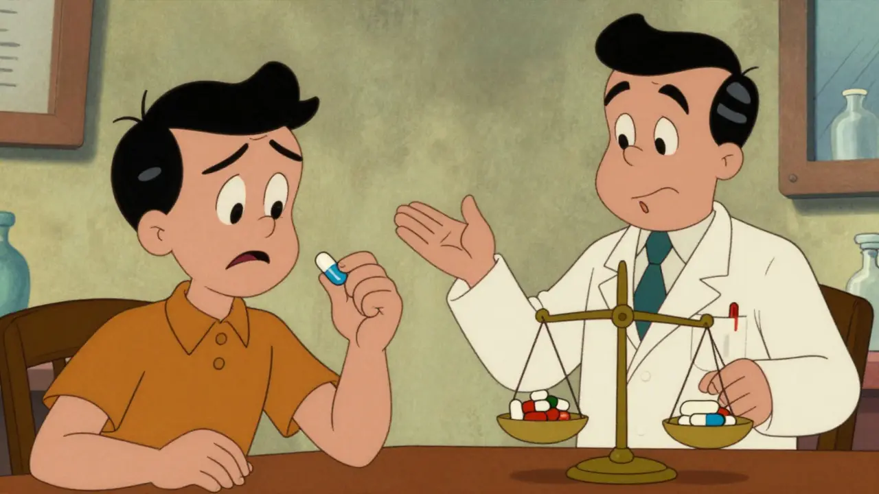 Patient hesitates with generic pill as pharmacist shows balanced scale