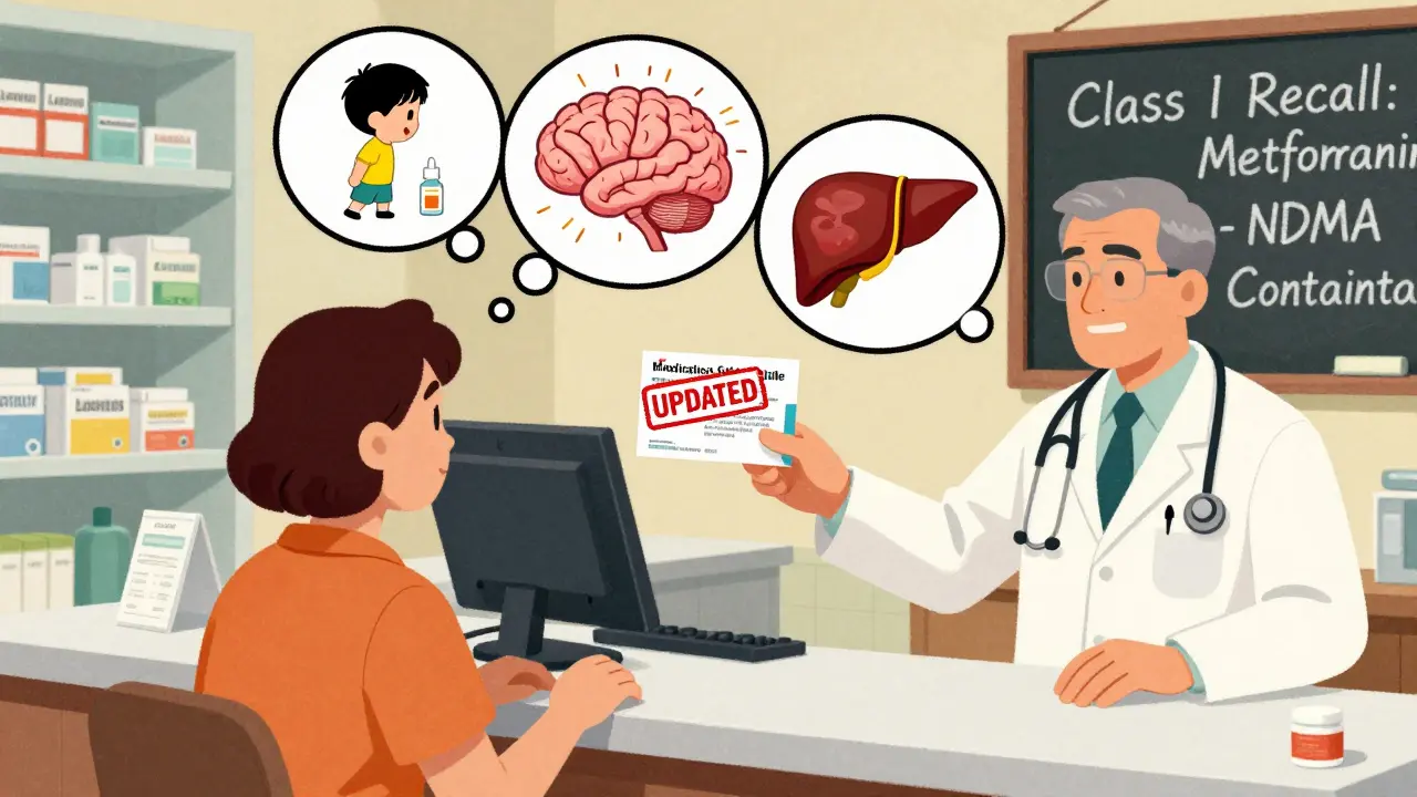 Pharmacist handing updated medication guide to patient, with floating cartoon warnings for ADHD, Leqembi, and Zyrtec side effects.