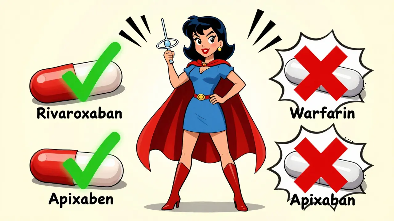 Woman holding IUD like a cape beside blood thinner pills, Apixaban marked as better choice, vintage cartoon.