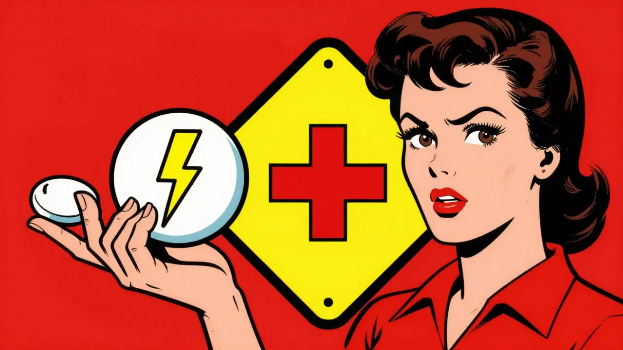 Woman holding two pills with caution sign between them