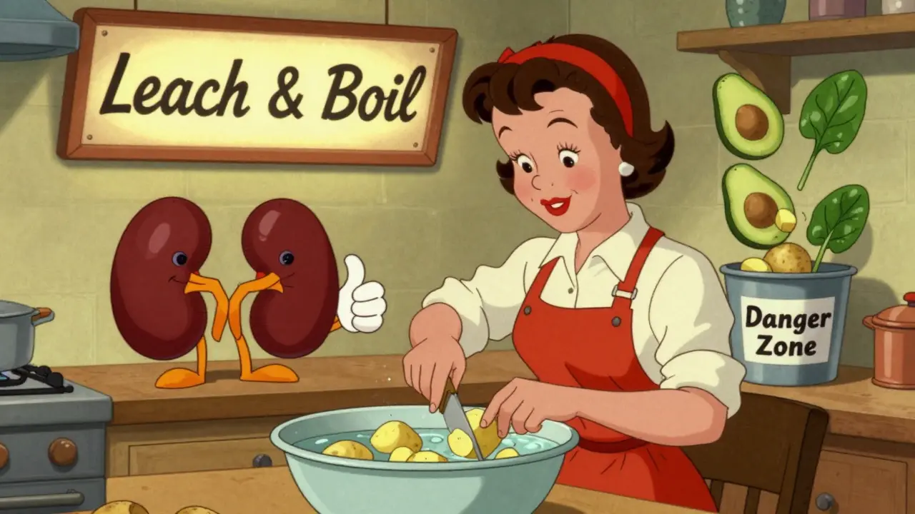 Woman leaching potatoes in water as a smiling kidney approves, with dangerous foods discarded in a bin.