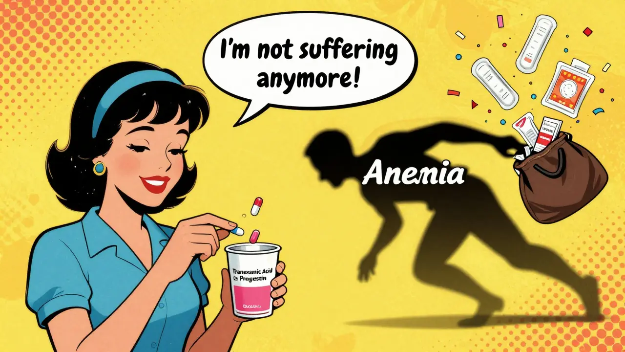 Woman smiling as treatment pills reduce anemia, emergency pads turn to confetti, vintage cartoon style.