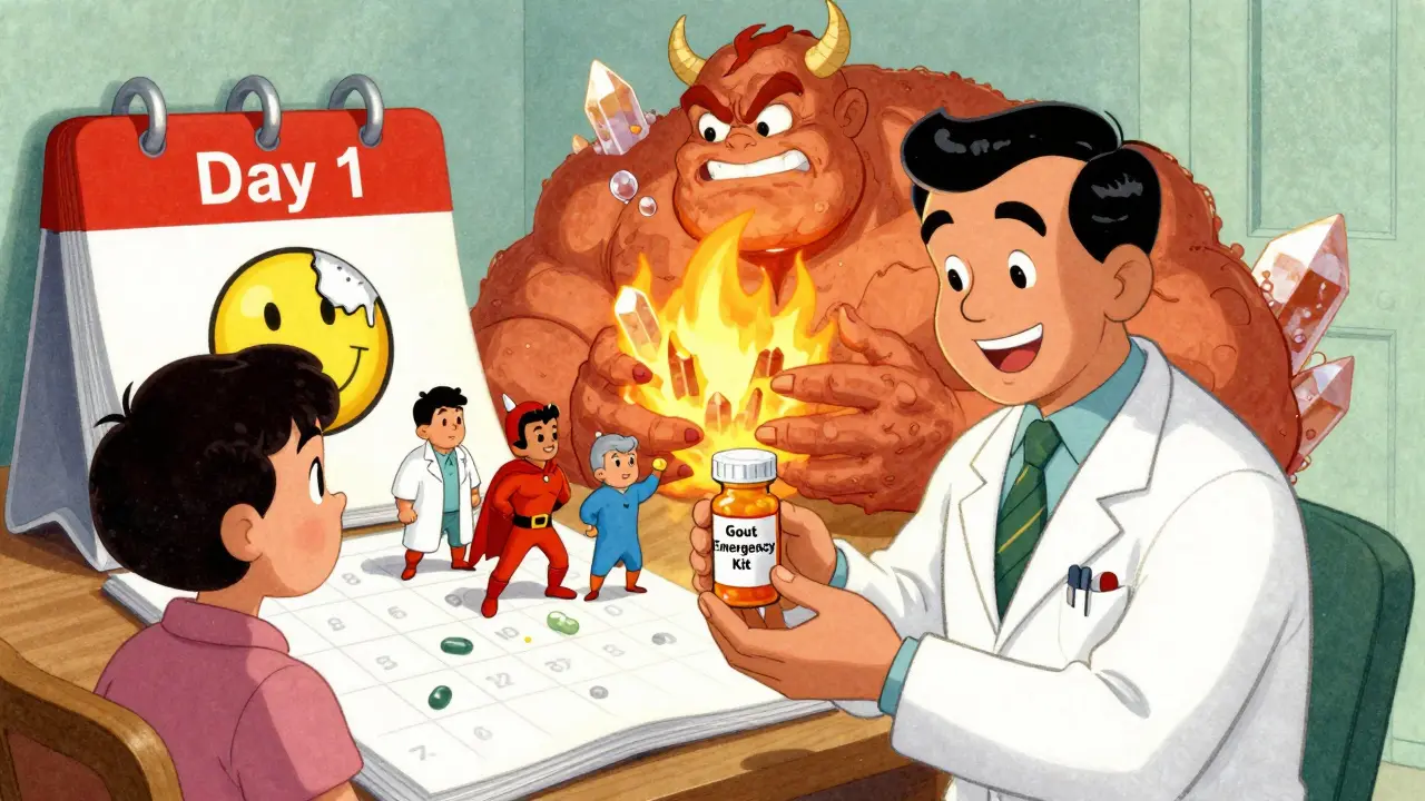 A doctor gives a gout emergency kit to a patient while three medicine heroes fight a gout monster in vintage cartoon style.