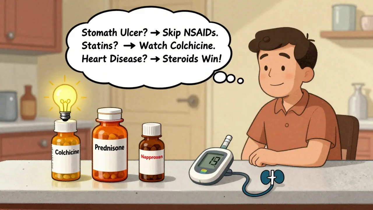 A kitchen counter with gout medications and health monitors connected by arrows in a thought bubble, vintage cartoon style.