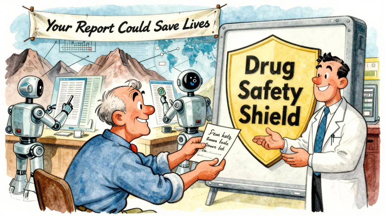 A patient hands a safety report to an FDA agent as global data streams connect continents.