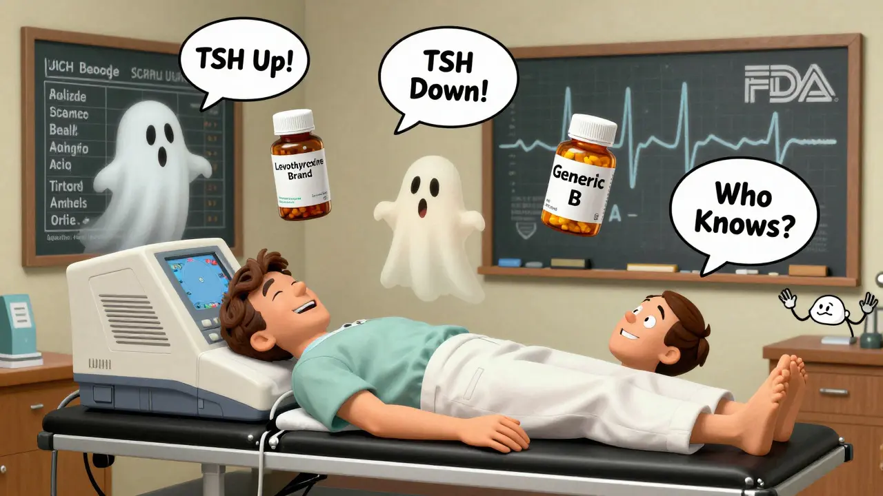 A patient surrounded by floating generic thyroid pills with chaotic TSH readings, in vintage cartoon style.