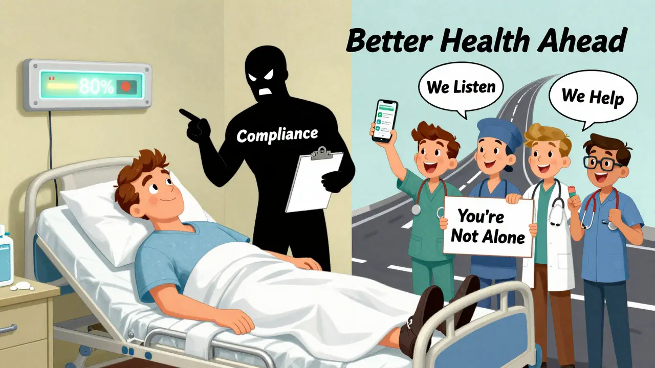 A patient with an 80% adherence meter is supported by cheerful healthcare workers while a shadowy 'Compliance' figure looms behind them.