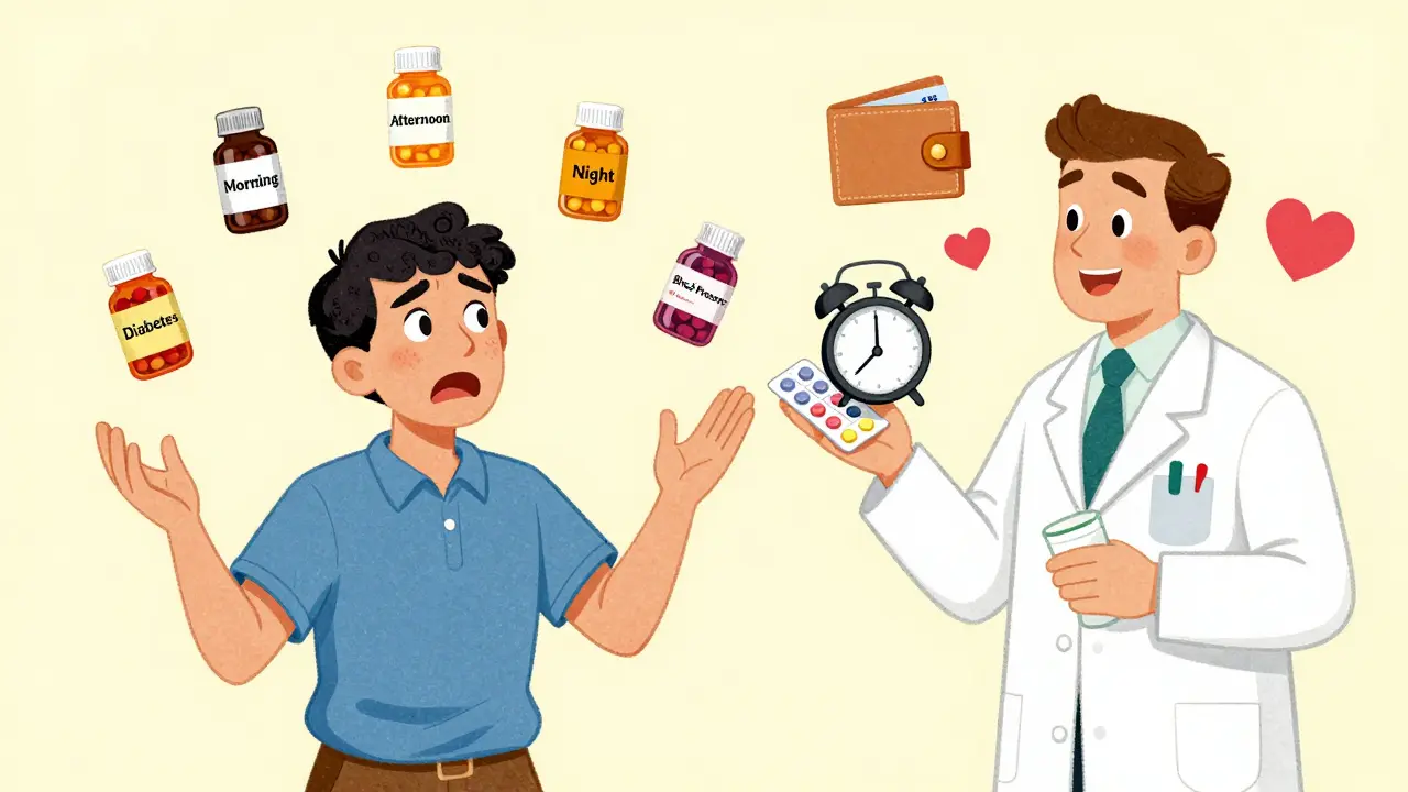 A person juggling multiple pill bottles is helped by a pharmacist offering a simplified pill pack with a discount coupon and alarm clock.