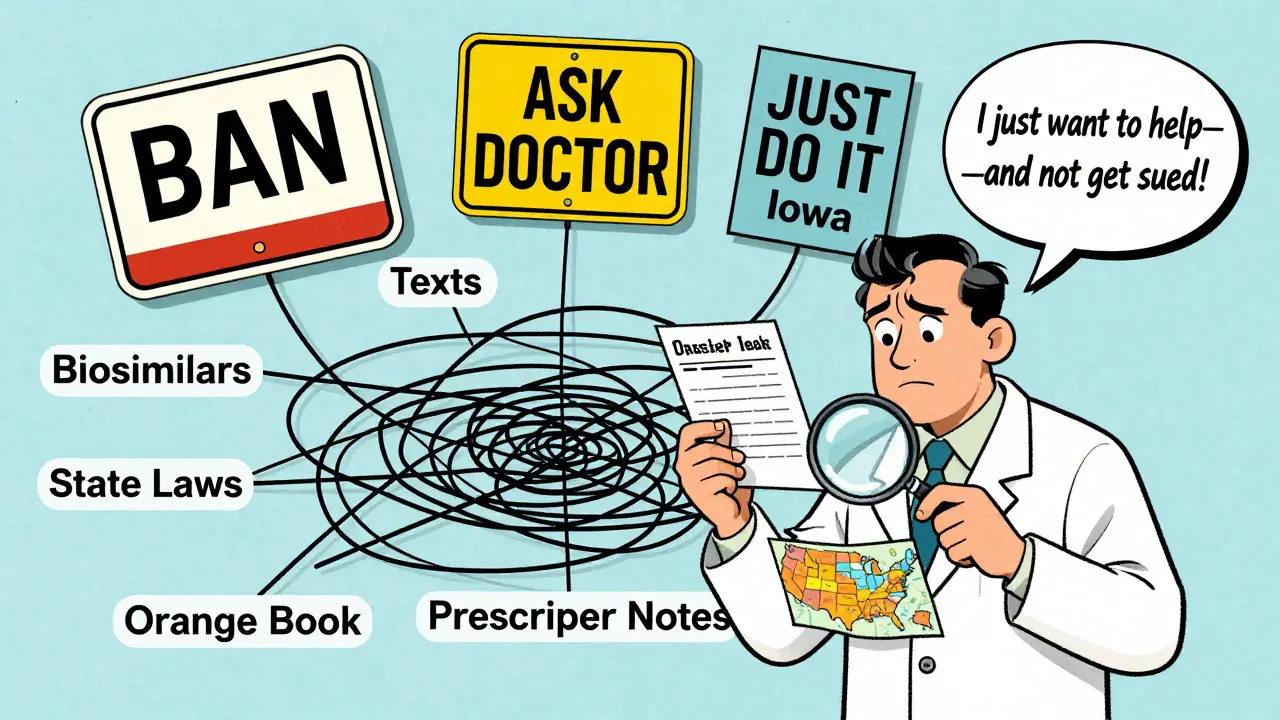 A pharmacist tangled in regulatory strings labeled with state rules, in vintage cartoon style.