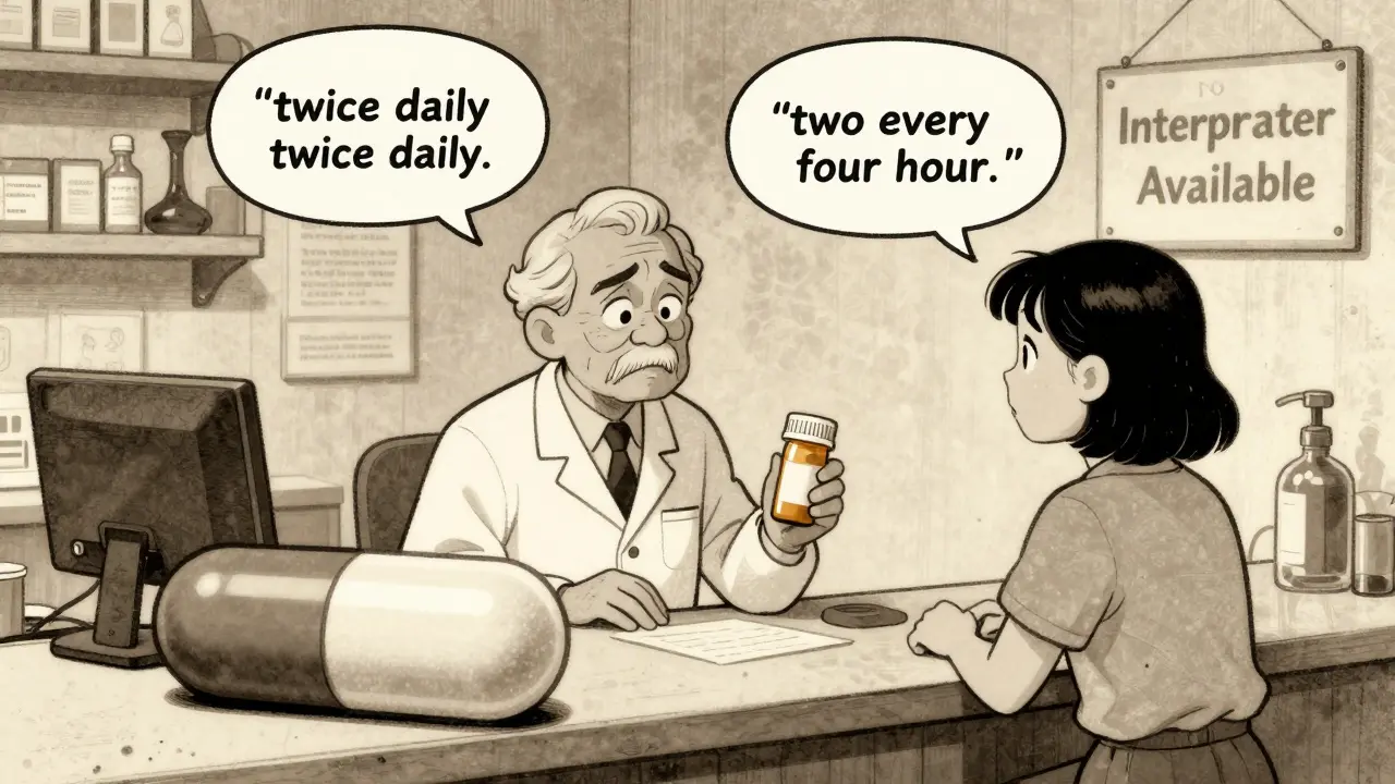 An elderly person at a pharmacy struggles as a teen misinterprets medication instructions.