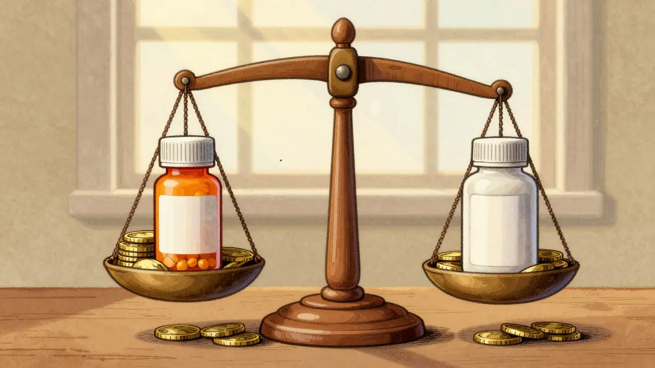 Balance scale weighing branded and generic medicine bottles equally.