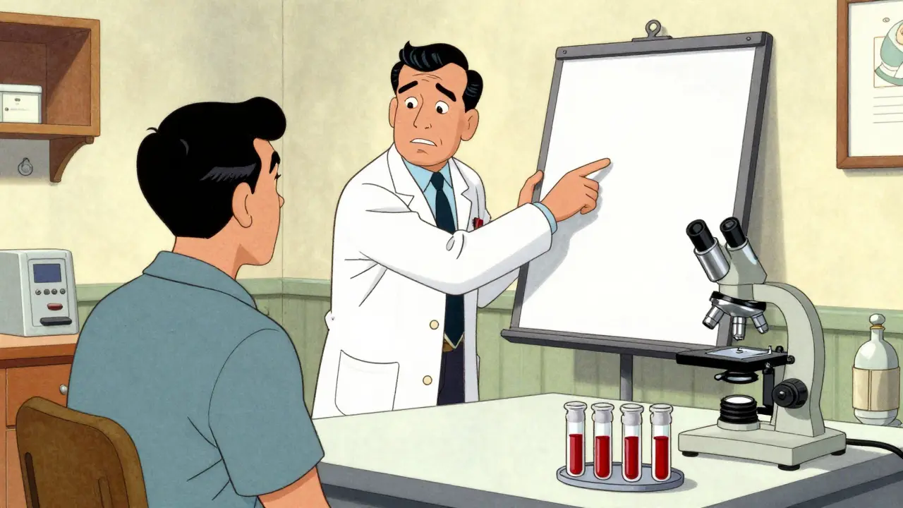 Doctor and patient in vintage clinic with microscope and blood vials.