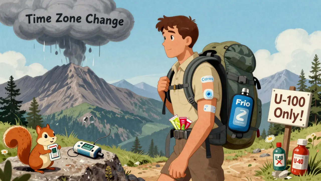 Hiker with securely taped CGM sensor and fruit leathers in pocket, Frio cooling sleeve on backpack, while broken pump lies on rock under 'U-100 Only!' sign.