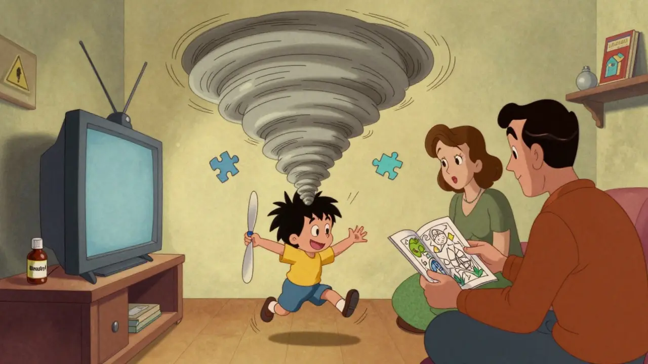 Hyperactive child surrounded by calming activities, medicine bottle on shelf